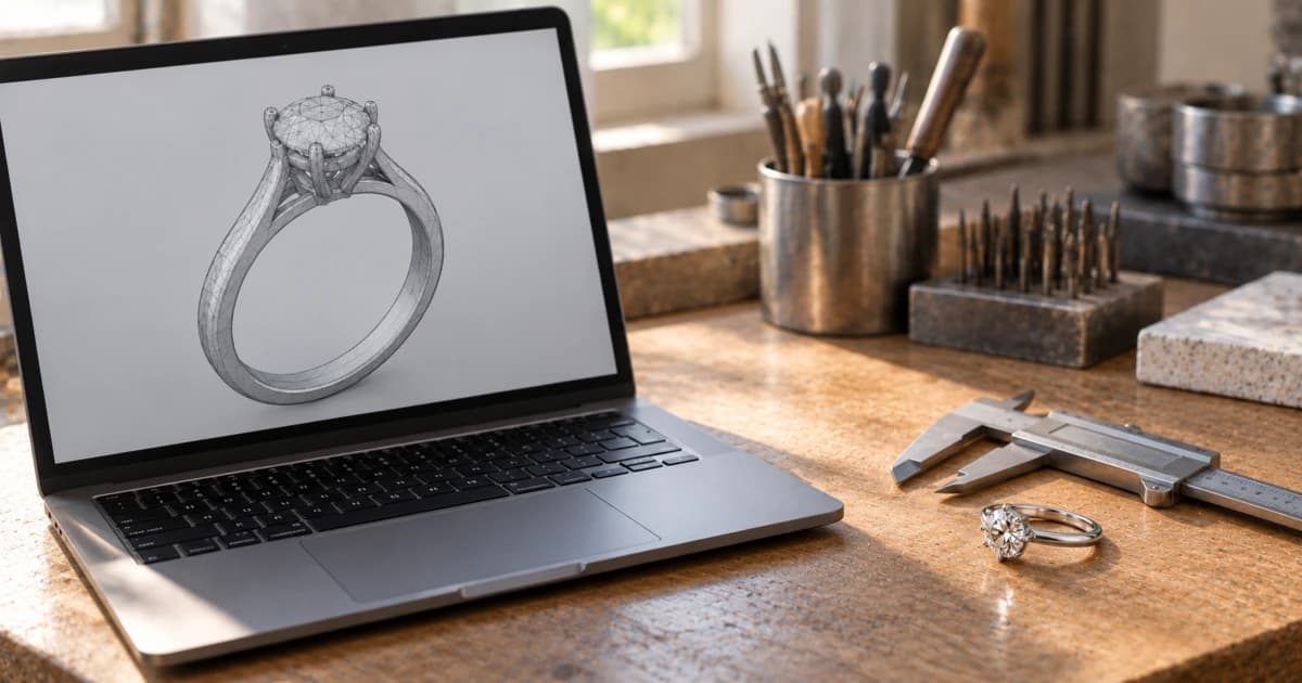A silver ring shown as a gray 3D mesh model on a laptop screen on a jeweler's bench, with a caliper and a finished ring beside the laptop