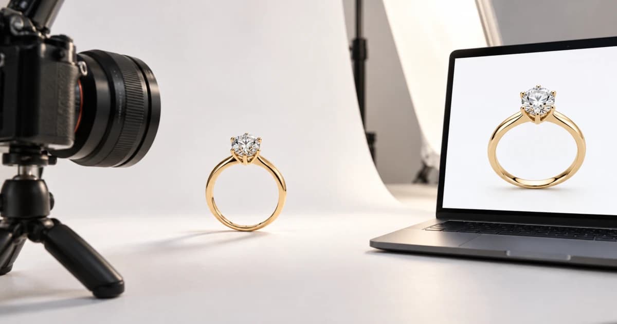 A gold solitaire ring standing on a white photo sweep, with a camera on a tripod on one side and a laptop showing the same ring as a 3D render on the other