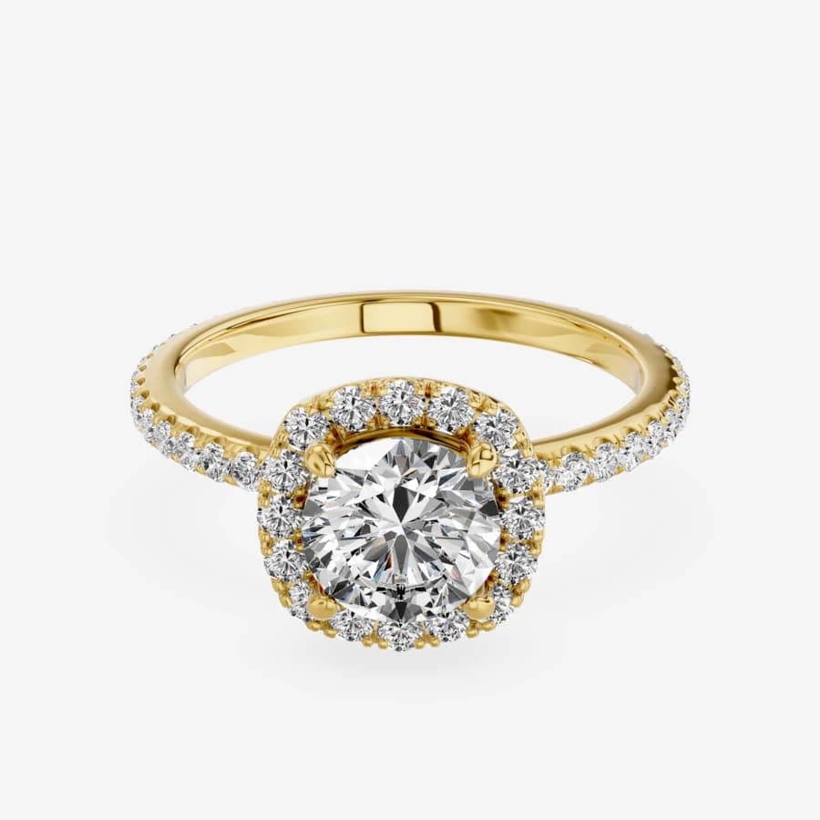Halo engagement ring with a round center diamond and diamond-set band, rendered in yellow gold from a CAD file