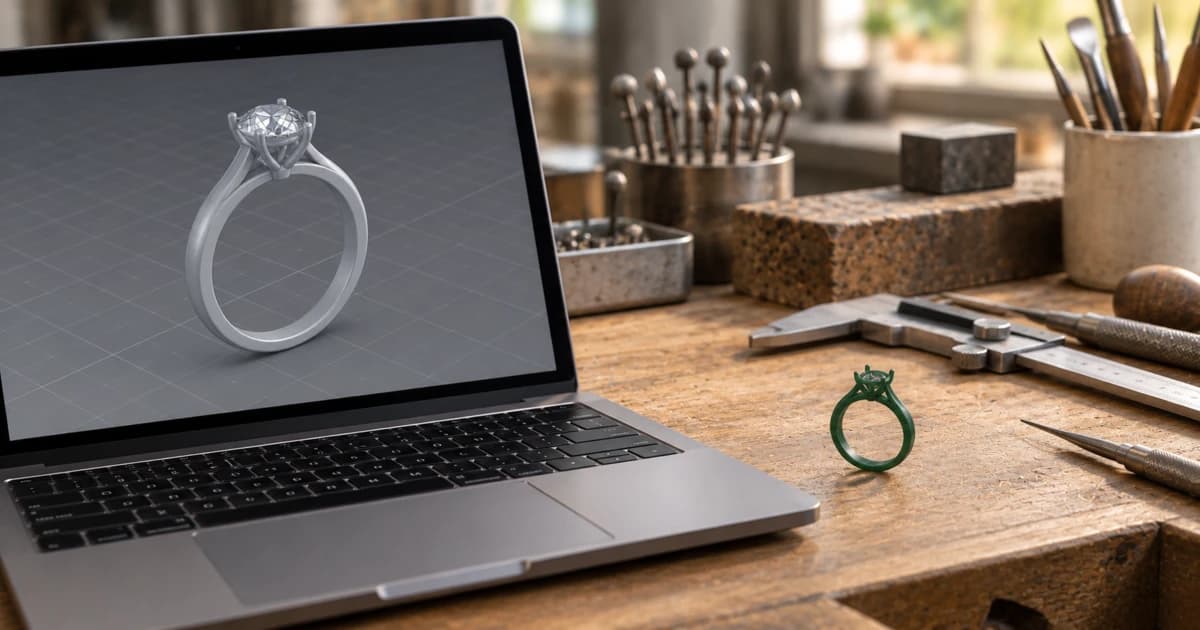 A laptop on a jeweler's bench showing a gray ring model in a 3D modeling program, next to a small wax ring and a pair of calipers