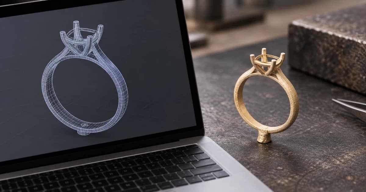 A ring's CAD model in wireframe on a laptop screen beside the same ring freshly cast in unpolished gold, with its sprue still attached