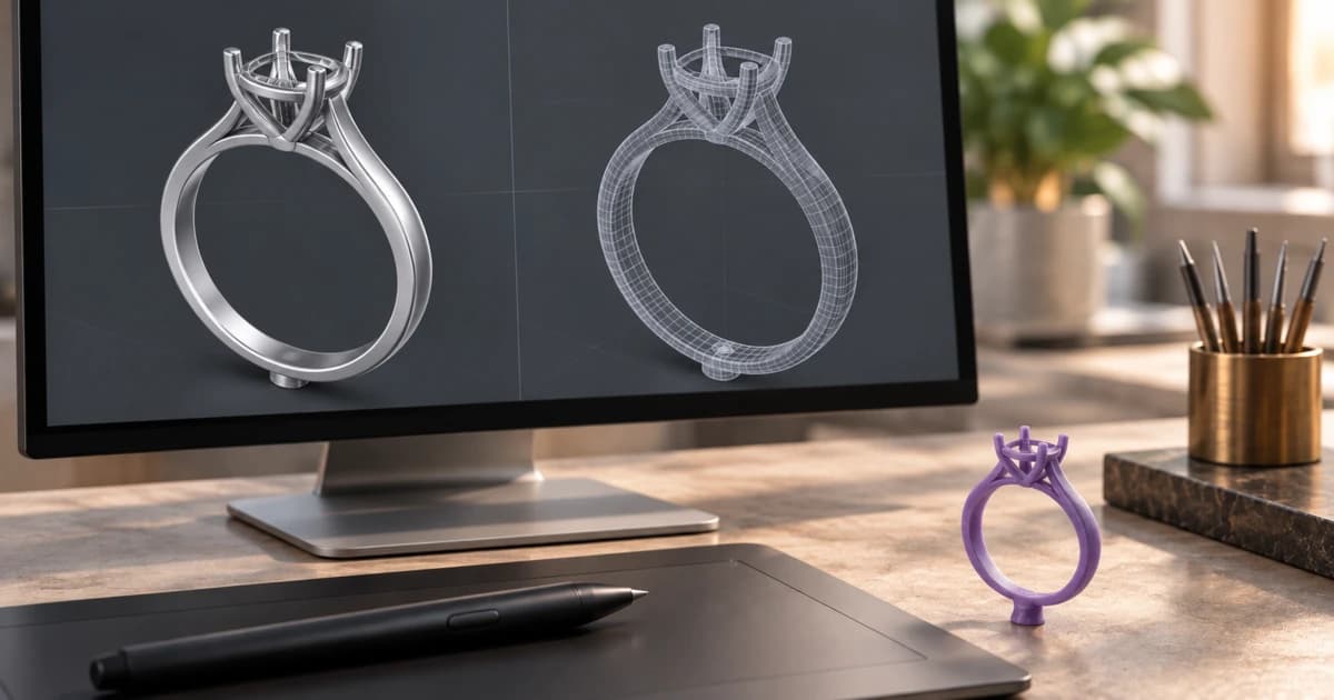 A jewelry CAD workspace: a ring model shown shaded and in wireframe on a monitor, with a stylus, a drawing tablet and a purple 3D-printed wax pattern of the ring on the desk