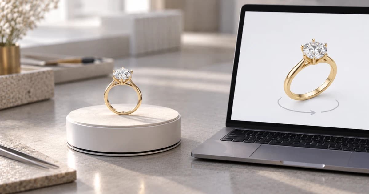 A gold ring with a center diamond on a slowly turning white display stand, next to a laptop showing the same ring as a 3D model on a product page